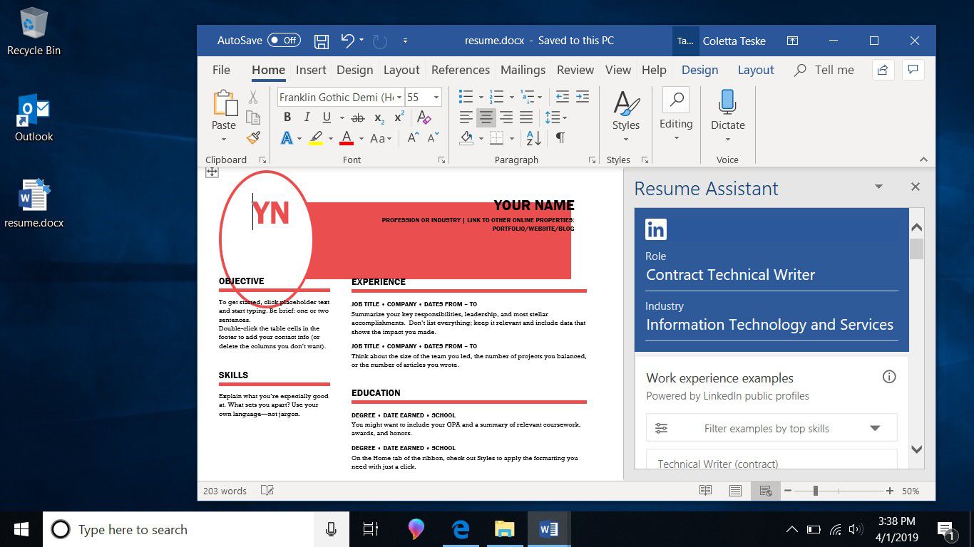 Grafické uživatelské rozhraní Windows zobrazující grafické uživatelské rozhraní Microsoft Word