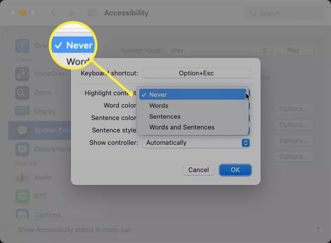 Možnosti zvýraznění obsahu v systému Mac se zvýrazněním „Nikdy“