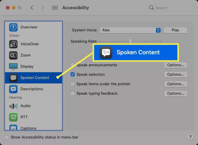 Nastavení přístupnosti pro Mac se zvýrazněnou možností Mluvený obsah
