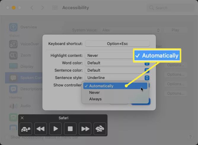 Možnosti nabídky Mac Show Controller se zvýrazněním „Automaticky“