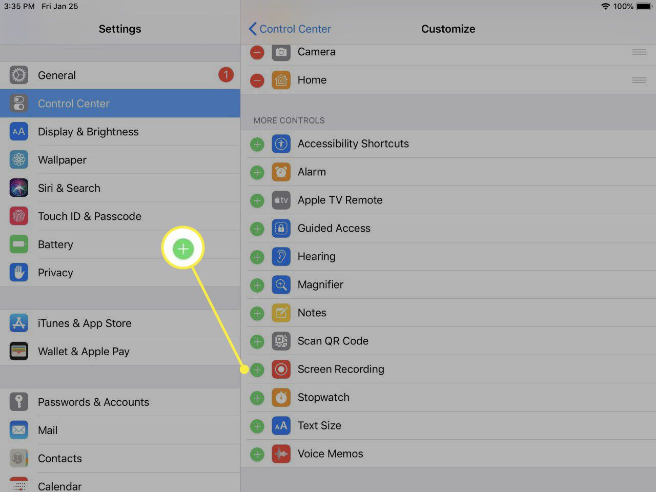 Část Přizpůsobit ovládání v rozhraní nastavení iOS Control Center.