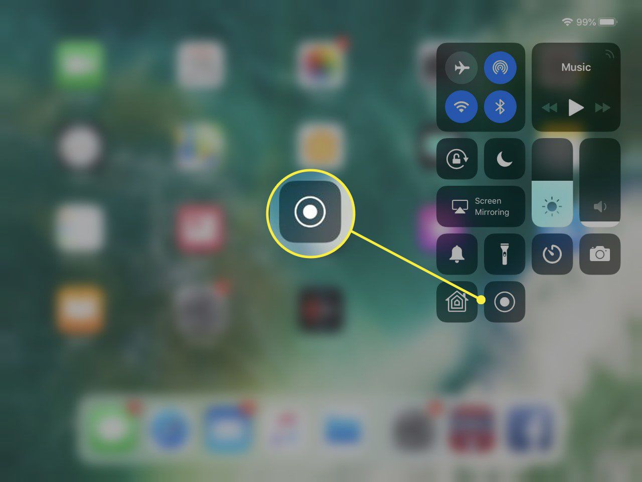 iPad Control Center s přidaným tlačítkem Záznam obrazovky.