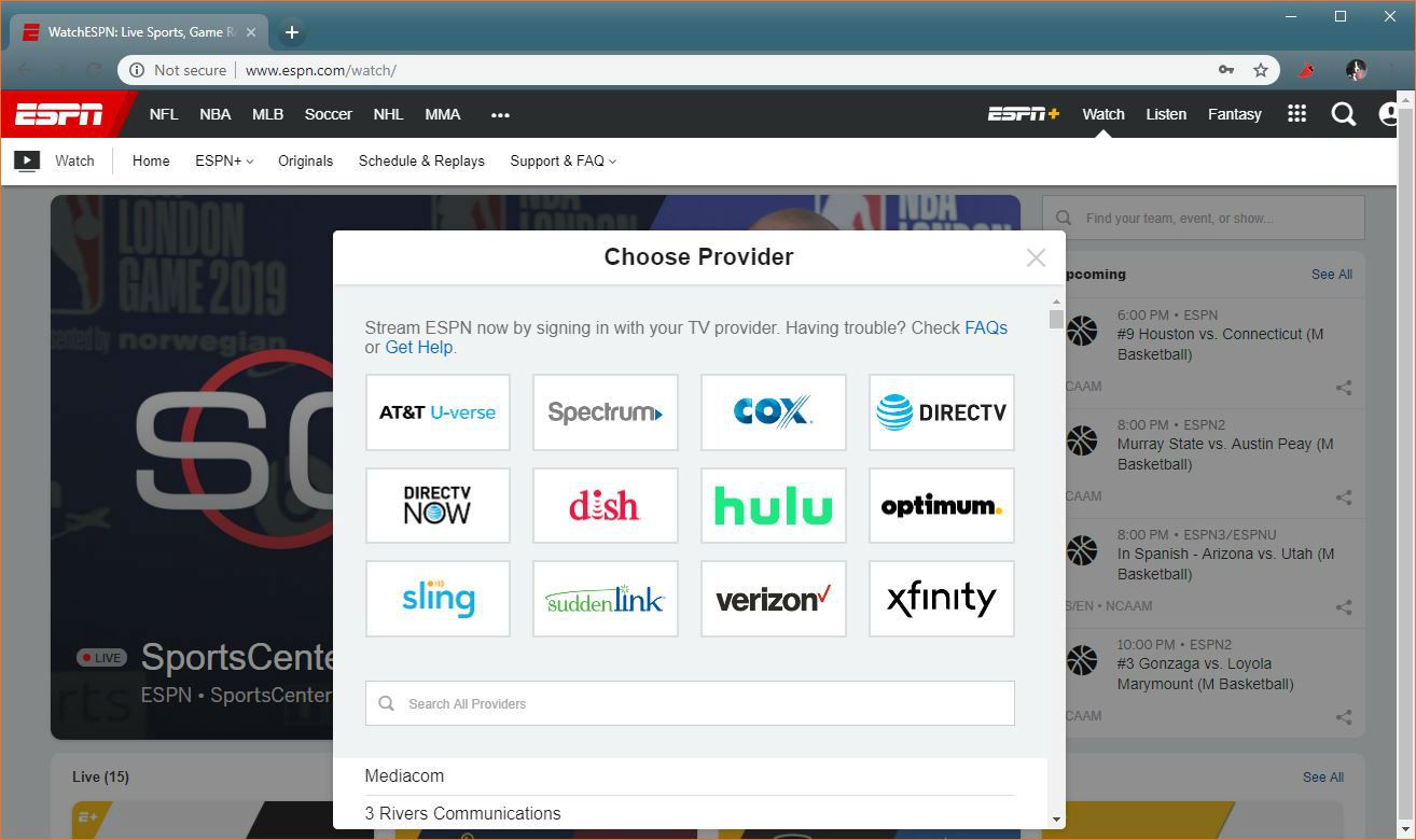 Snímek obrazovky nabídky výběru poskytovatele na WatchESPN.