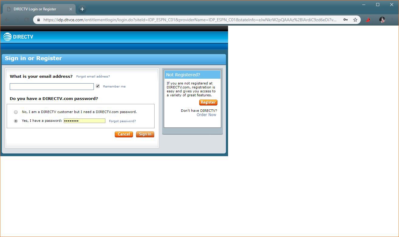 Screenshot přihlašovací obrazovky DirecTV.