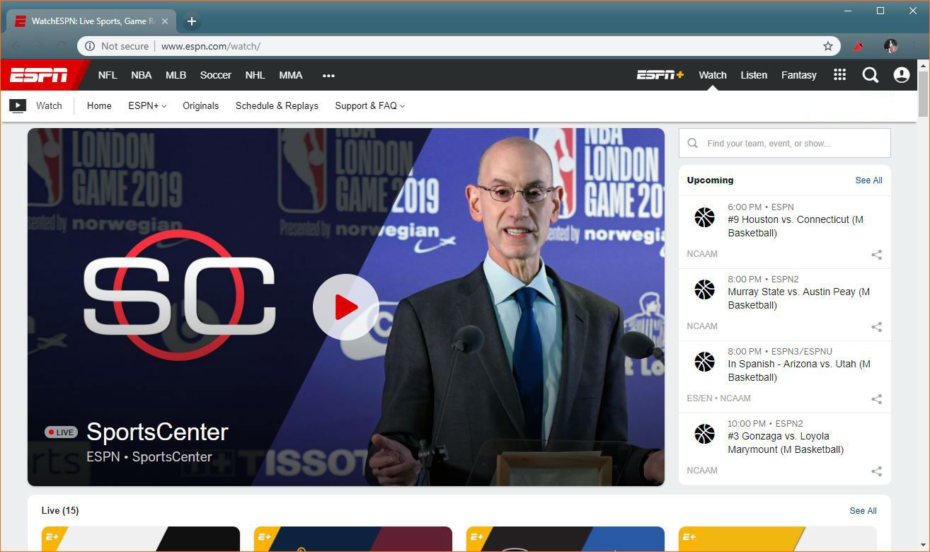 Snímek obrazovky WatchESPN.