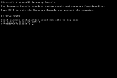 příkaz fixboot v konzole pro zotavení systému Windows