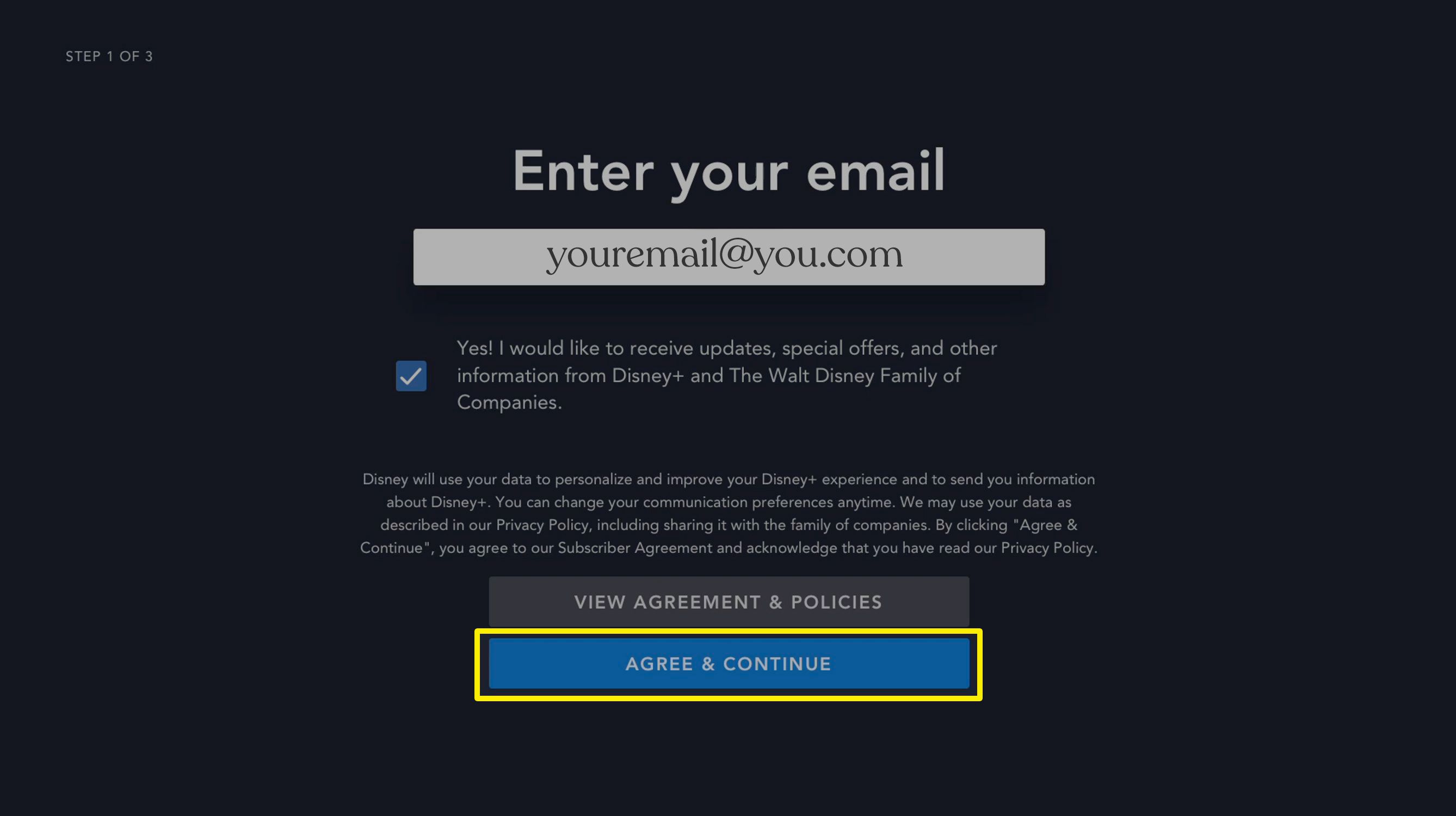 Screenshot obrazovky pro zadávání e-mailů Disney + na Apple TV