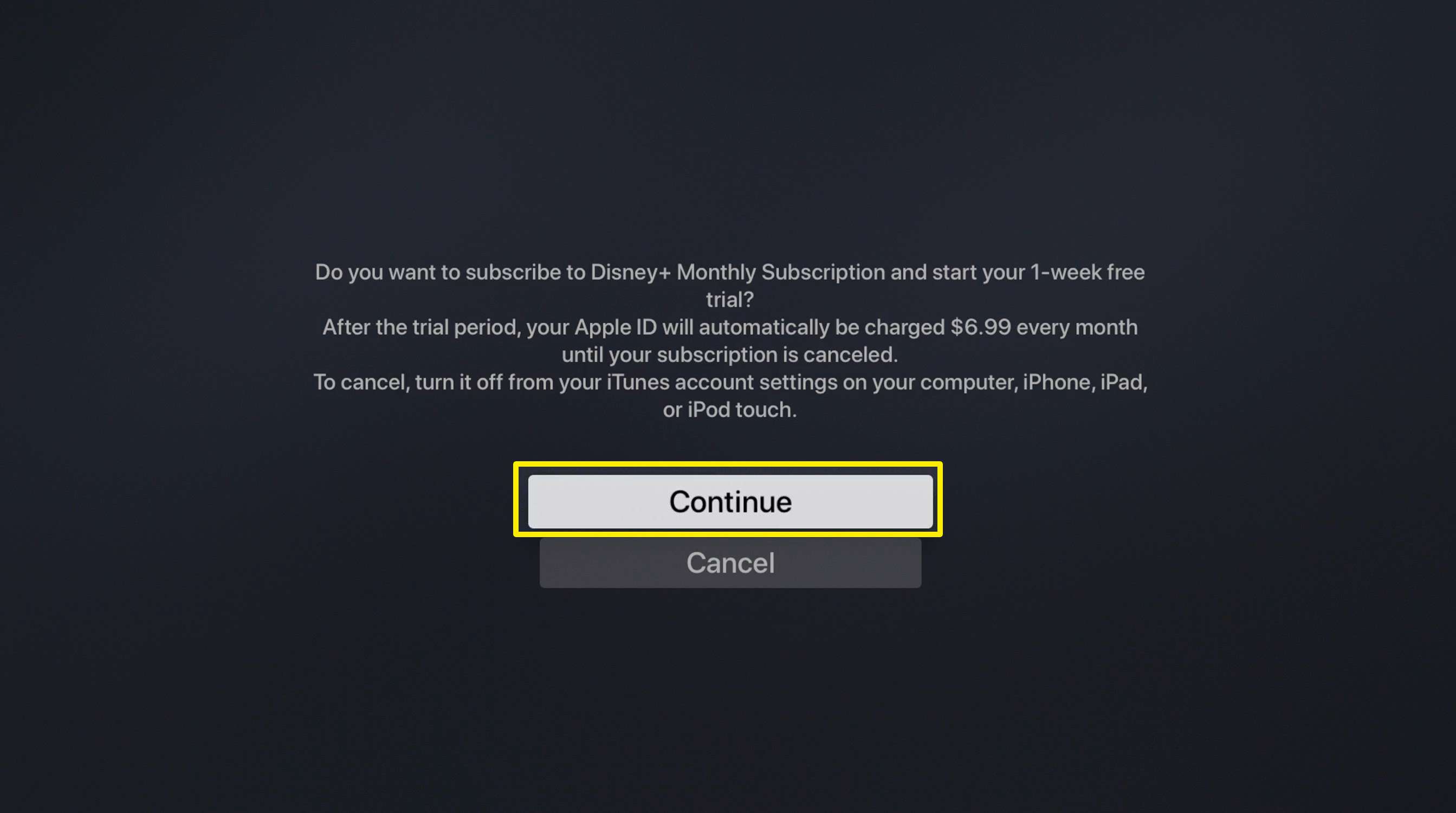 Snímek obrazovky s potvrzením předplatného Disney + na Apple TV