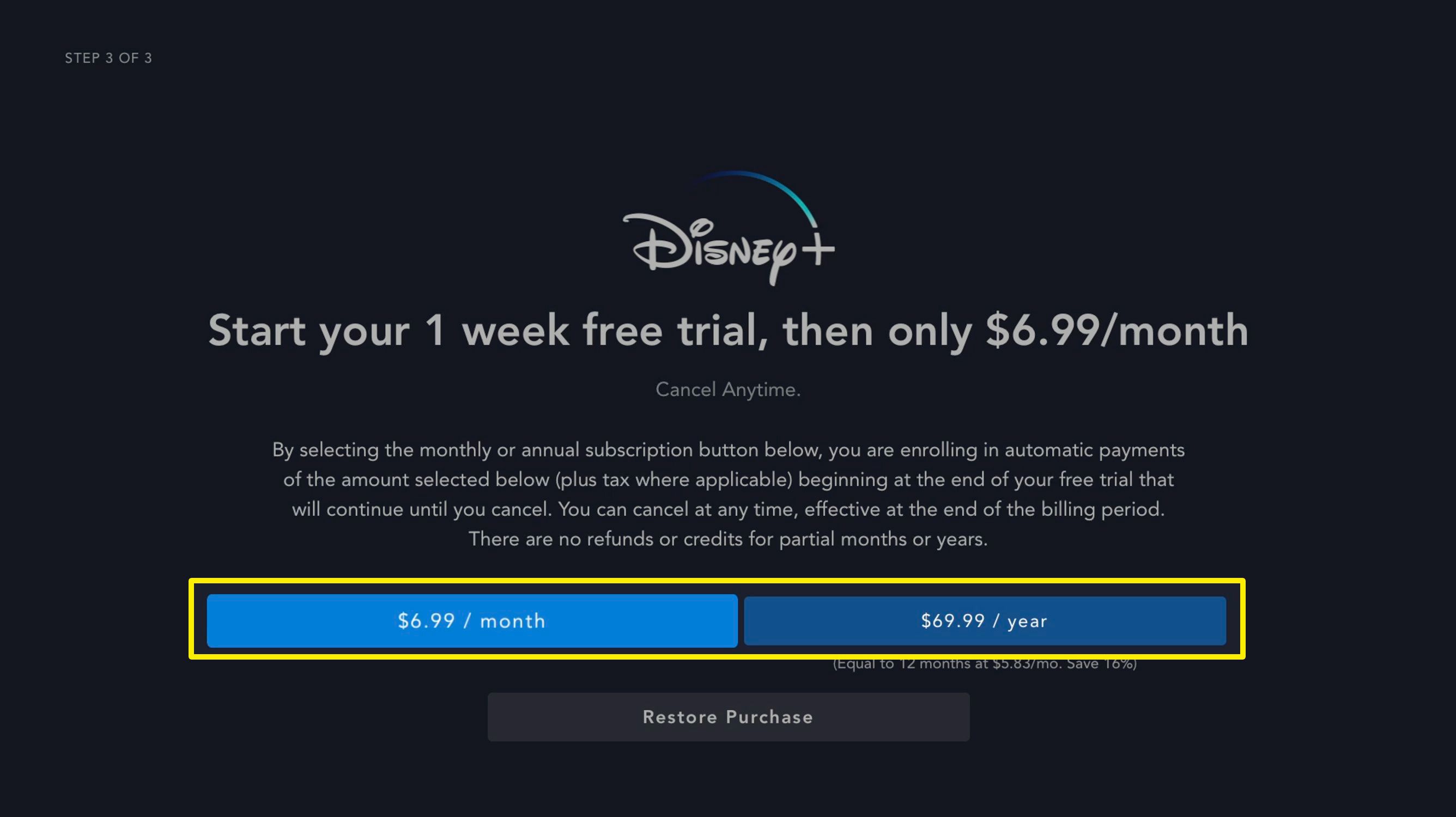 Screenshot možností předplatného Disney + na Apple TV