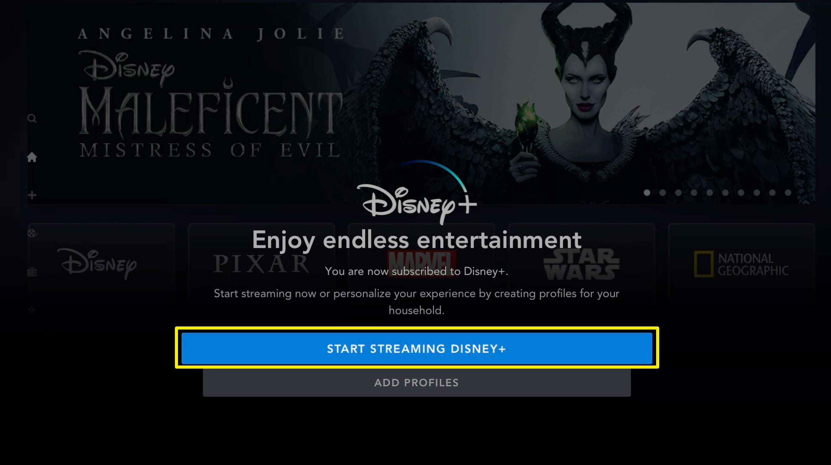 Screenshot obrazovky Disney + Začínáme na Apple TV