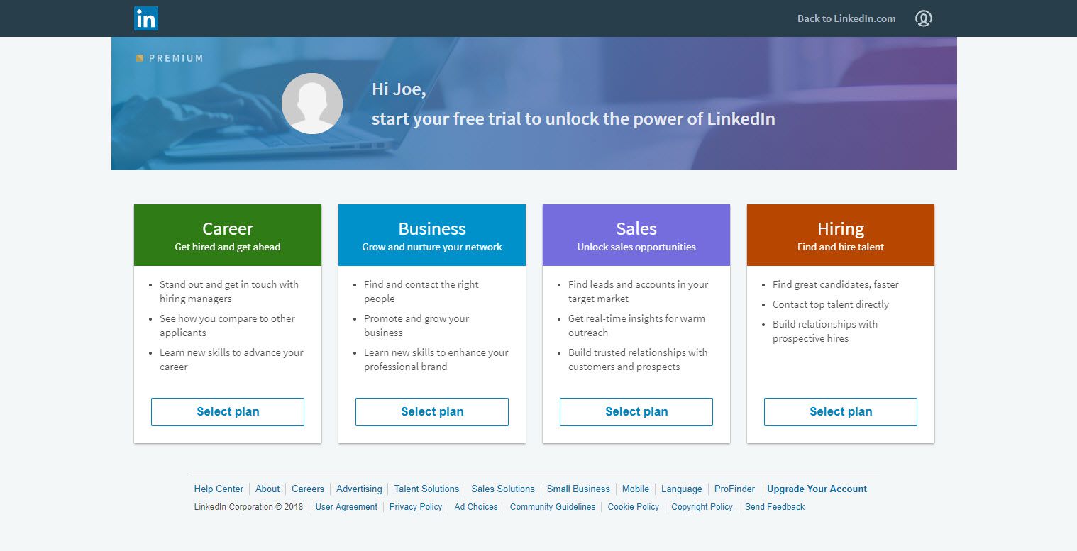 Screenshot stránky upgradu LinkedIn zobrazující čtyři dostupné plány upgradu.