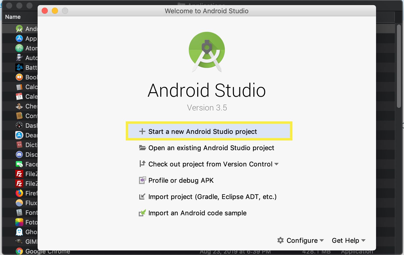 Android studio zahajuje nový projekt