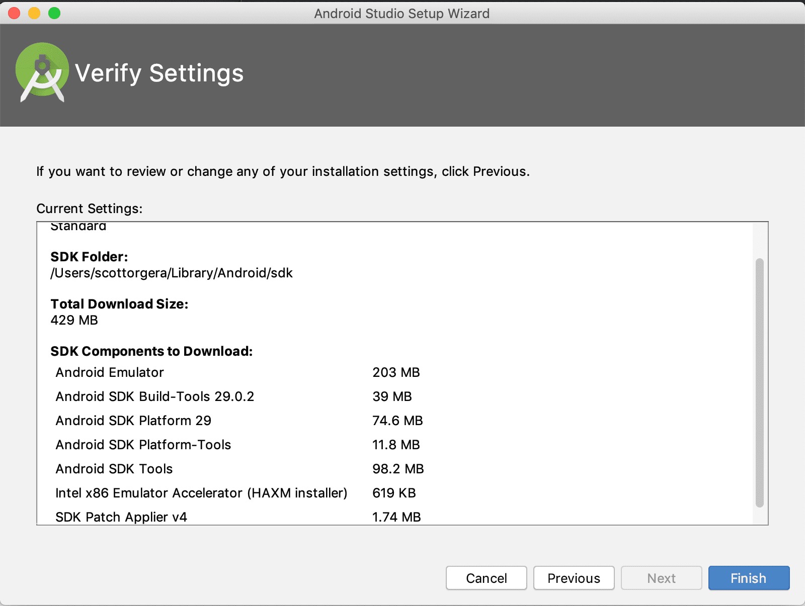 snímek obrazovky aplikace Android Studio Verify Settings