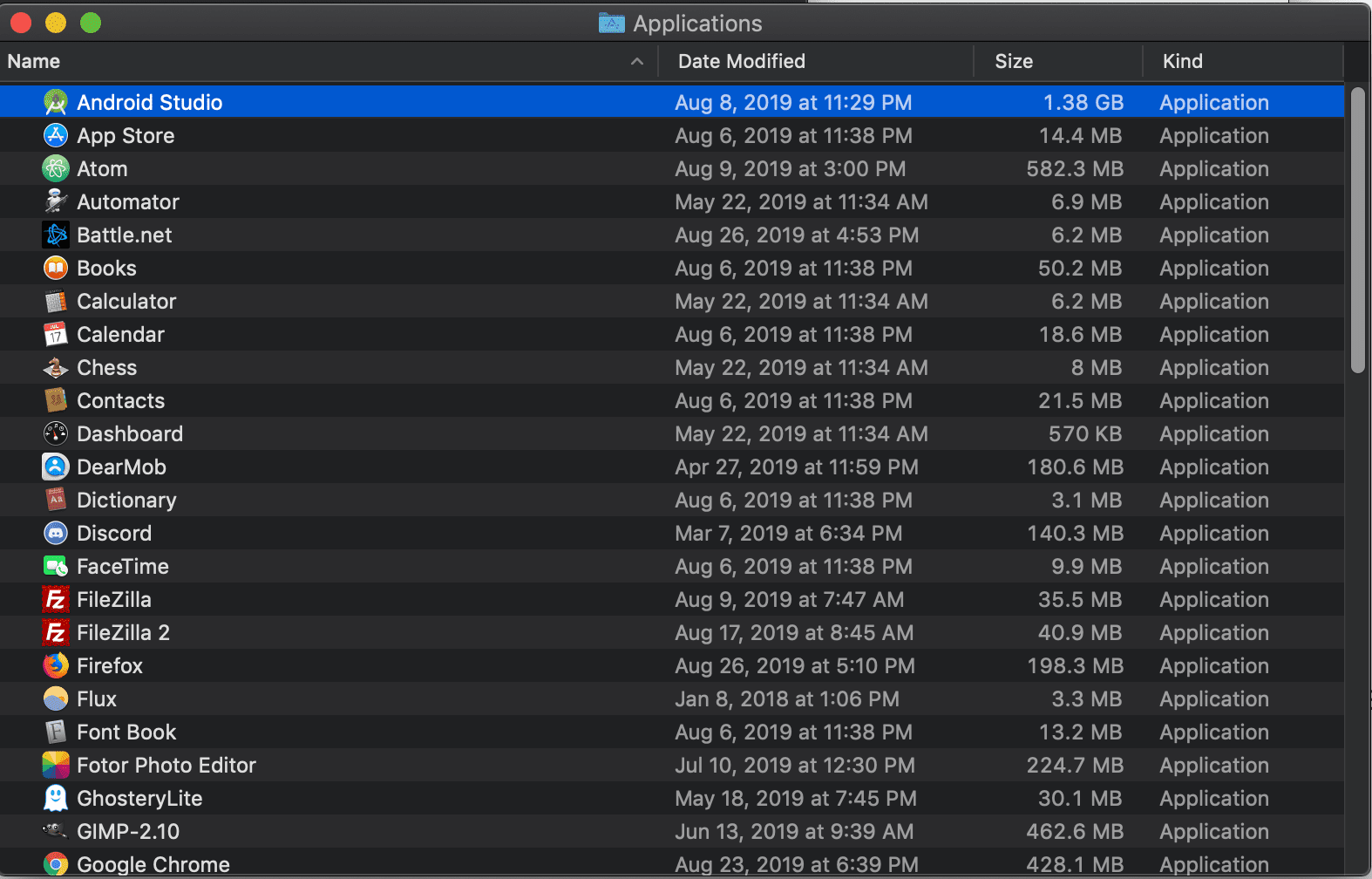 screenshot složky aplikací macOS