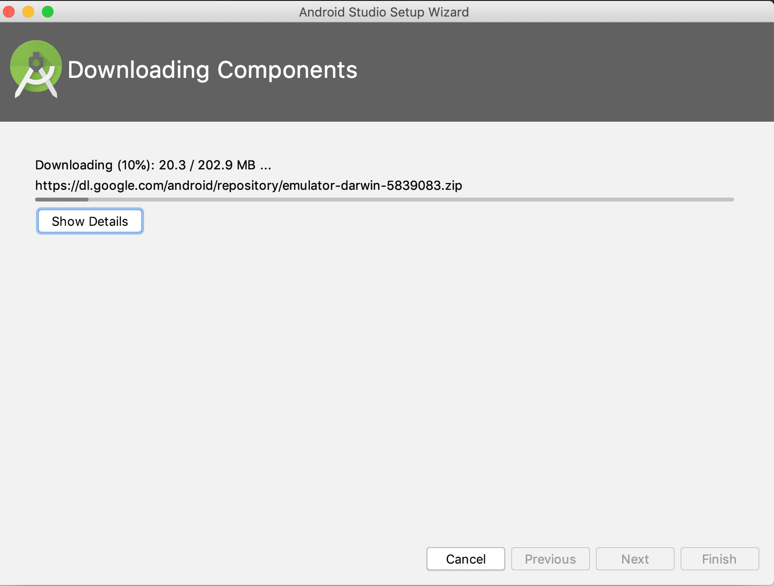 snímek obrazovky aplikace Android Studio Downloading Components