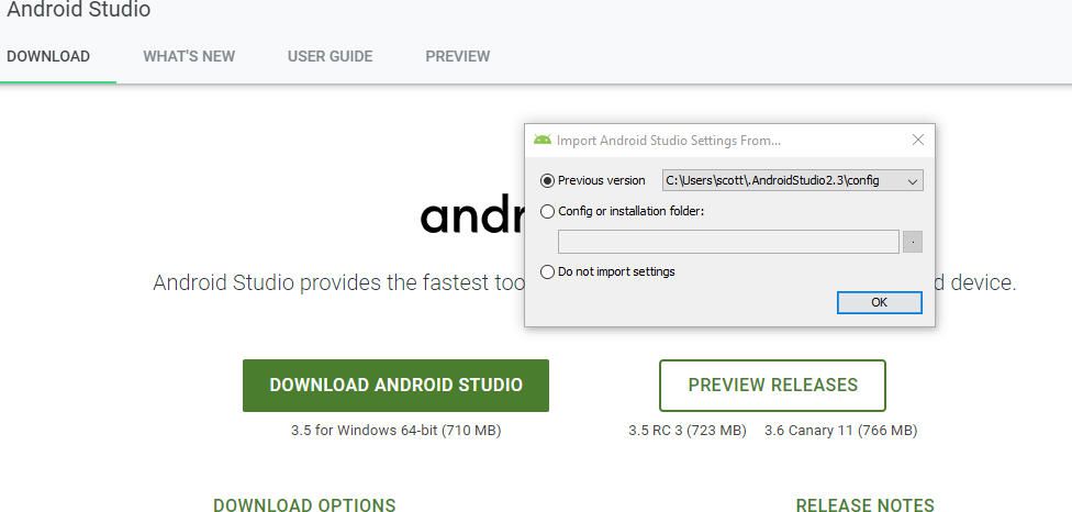 snímek obrazovky rozhraní Android Studio Import Settings