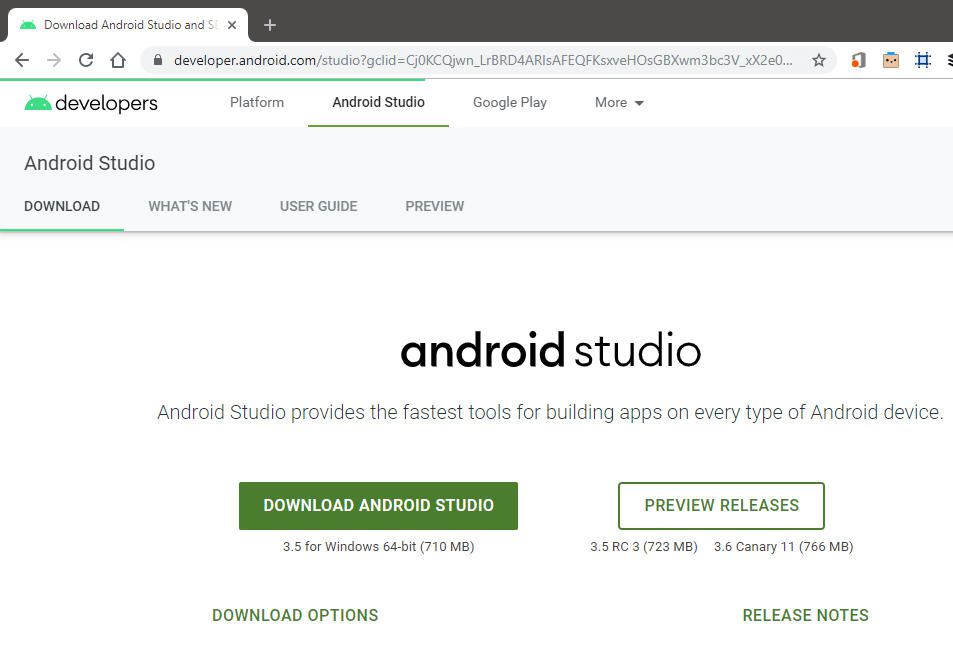 snímek obrazovky ke stažení aplikace Android Studio ve Windows