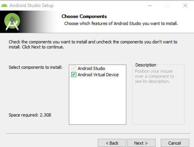 snímek obrazovky aplikace Android Studio Vyberte součást