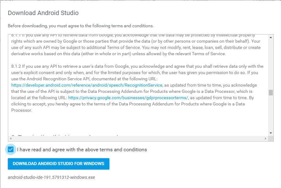 snímek obrazovky s dohodou uživatelů Android Studio