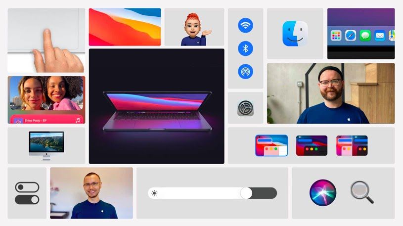 Složený obraz produktů, nastavení a ikon Apple a zaměstnanců Apple, kteří pomáhají lidem používat jejich zařízení.