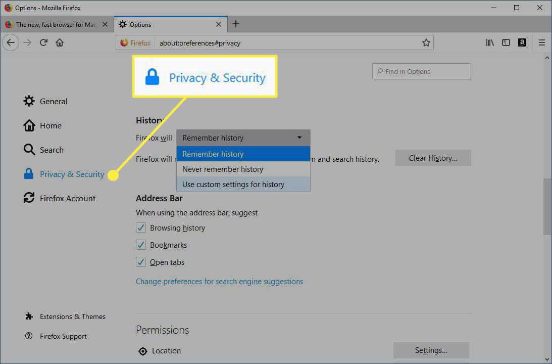 Nadpis Ochrana osobních údajů a zabezpečení v nastavení prohlížeče Firefox