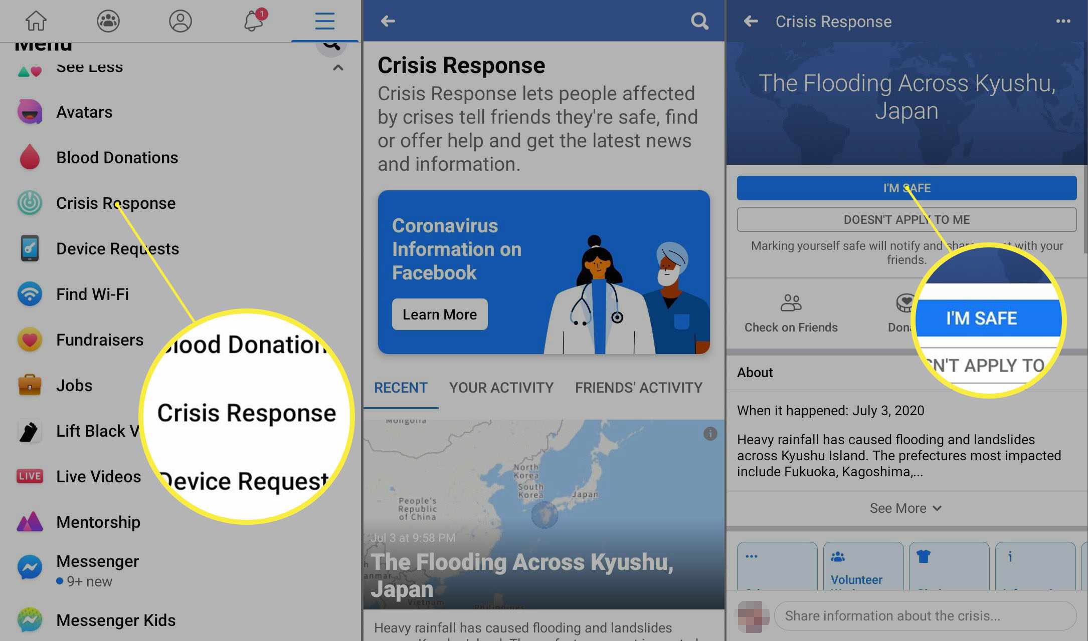 Aplikace Facebook pro stránku Android Crisis Response.