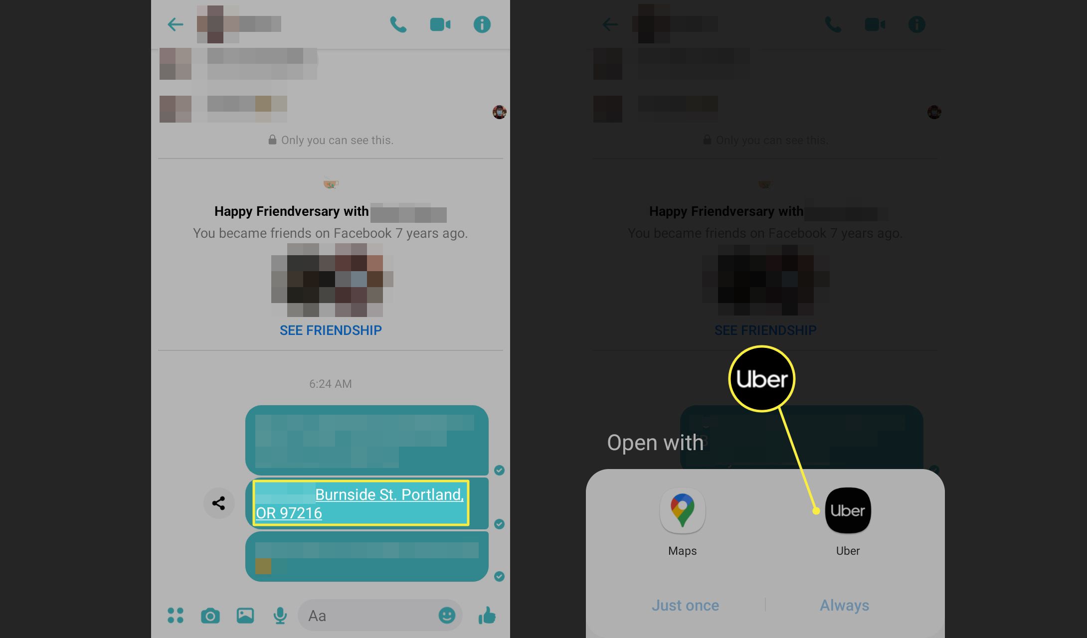 Adresa a Uber zvýrazněny v aplikaci Facebook Messenger