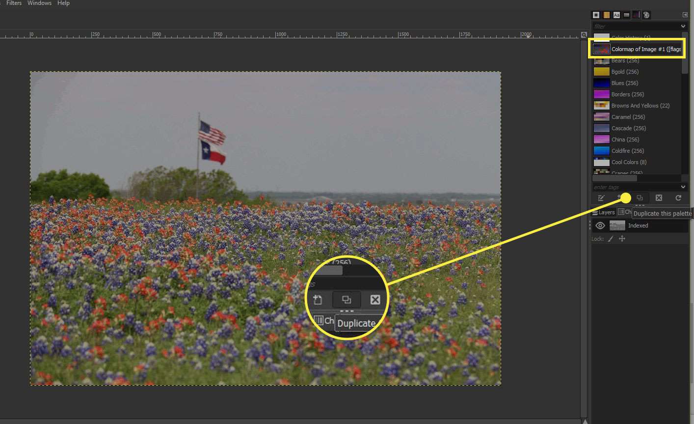 Snímek obrazovky GIMP se zvýrazněnou Colormap a příkazem Duplicate Palette