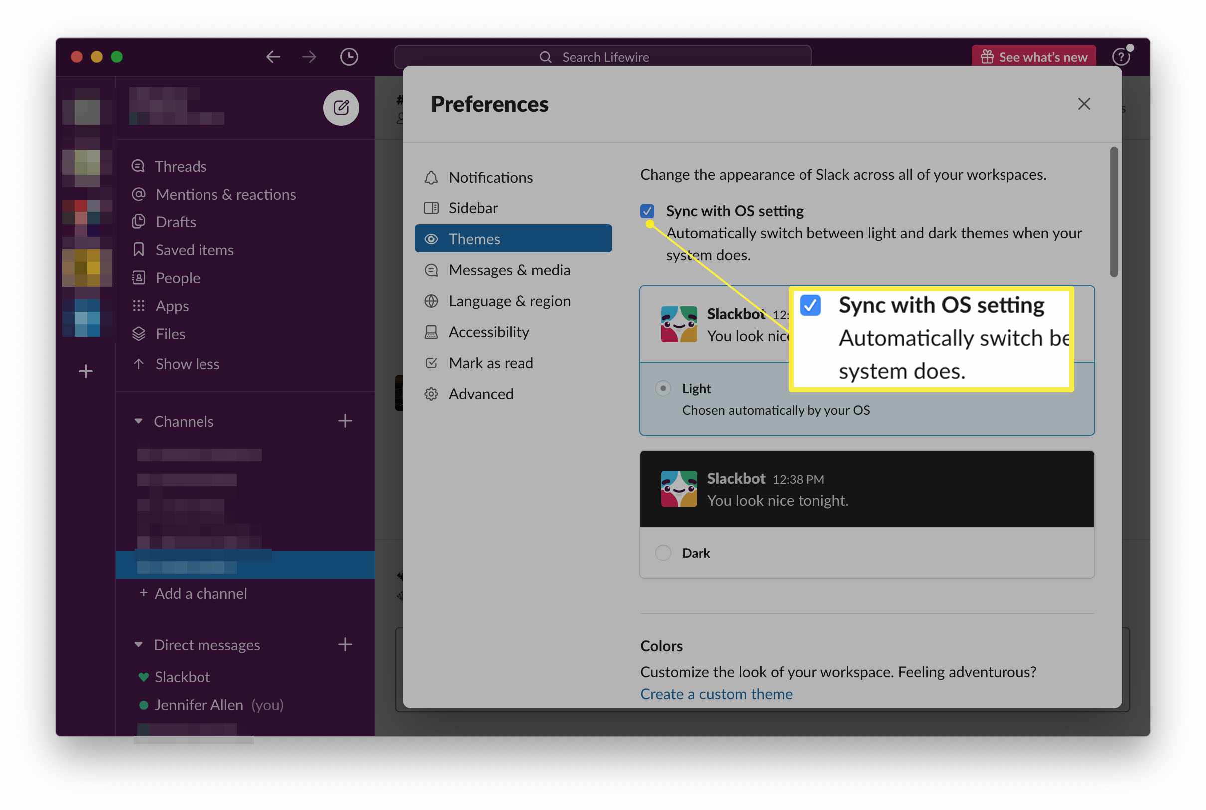 Slack with Sync with OS setting highlighted