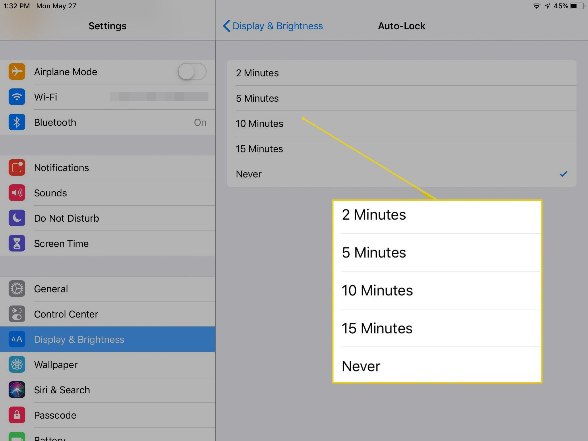 Nastavení časování Auto-Lock na iPadu se zvýrazněnými časy