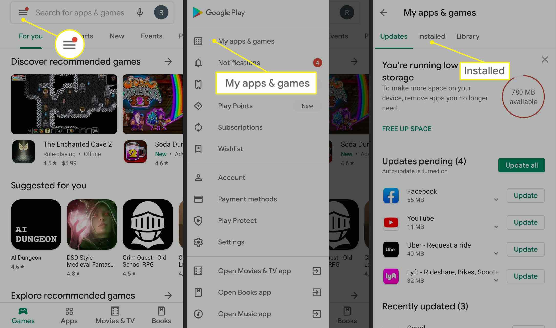 Cesta aplikace Google Play k nainstalovaným aplikacím a hrám