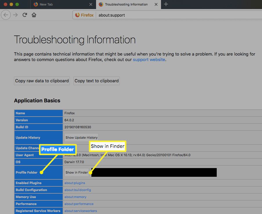 obrazovka s informacemi o řešení potíží pro macOS Firefox se zvýrazněným profilem a zobrazením ve Finderu