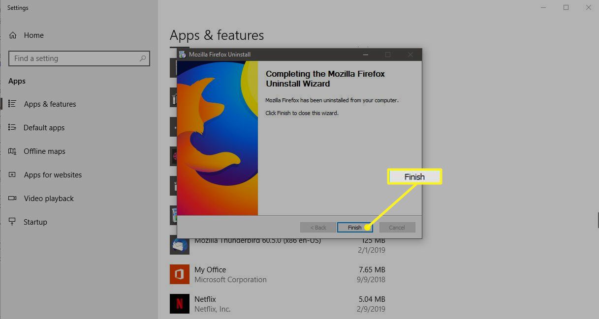 Potvrzovací obrazovka v Průvodci odinstalací Firefoxu se zvýrazněním Dokončit