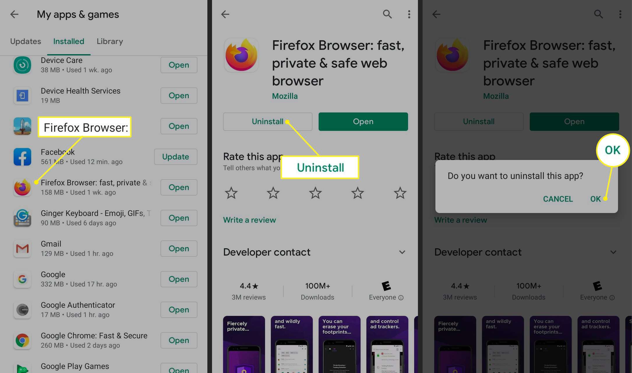 Odinstalování prohlížeče Firefox z aplikace Google Play v systému Android
