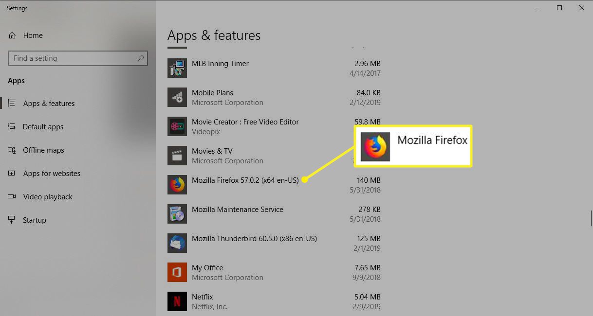 Nastavení aplikací a funkcí v systému Windows 10 se zvýrazněným prohlížečem Mozilla Firefox