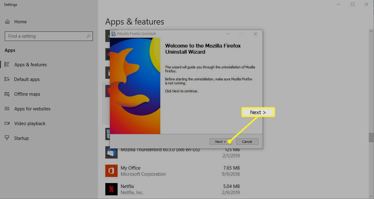Průvodce odinstalováním Firefoxu se zvýrazněným Další