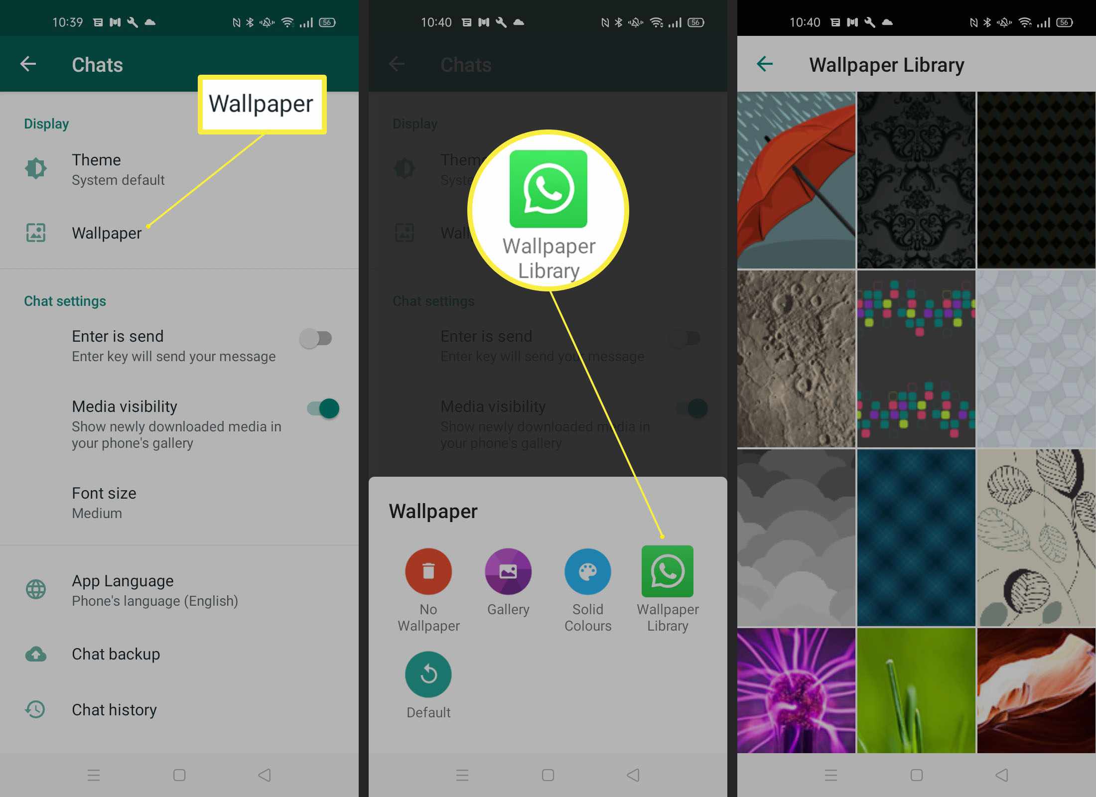 Kroky potřebné k přidání tapety z knihovny tapet na WhatsApp Android