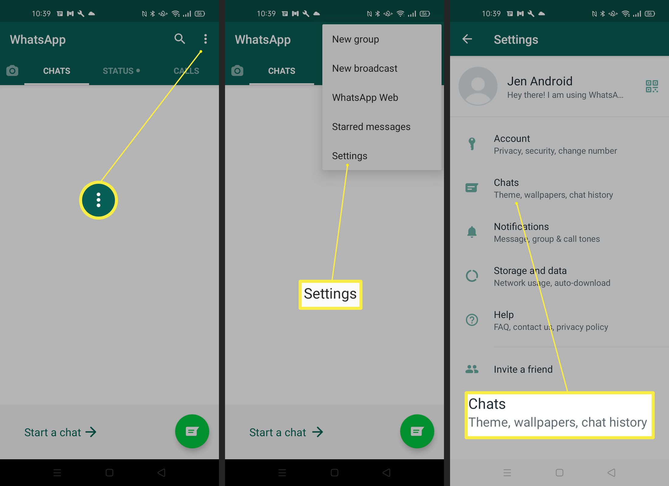 Kroky potřebné k nalezení nastavení tapety chatu na WhatsApp Android