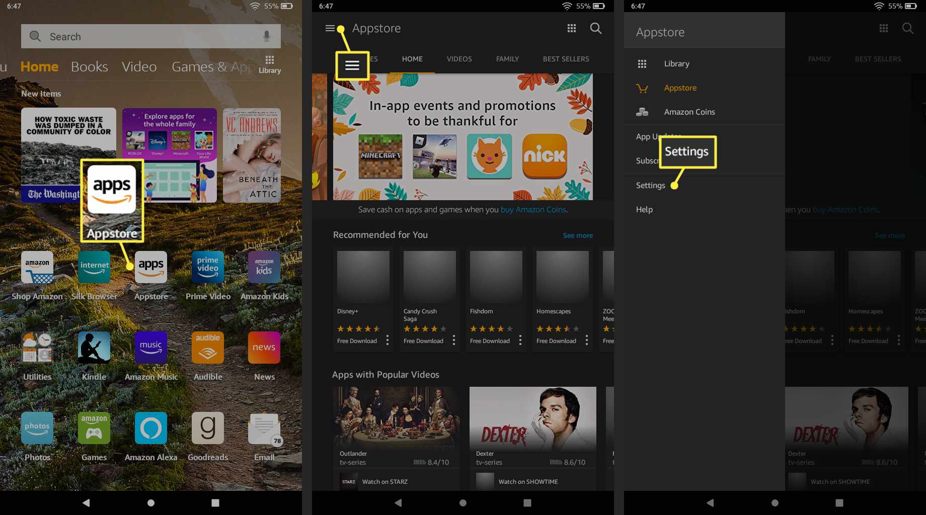Amazon Appstore, ikona nabídky a nastavení na Kindle Fire