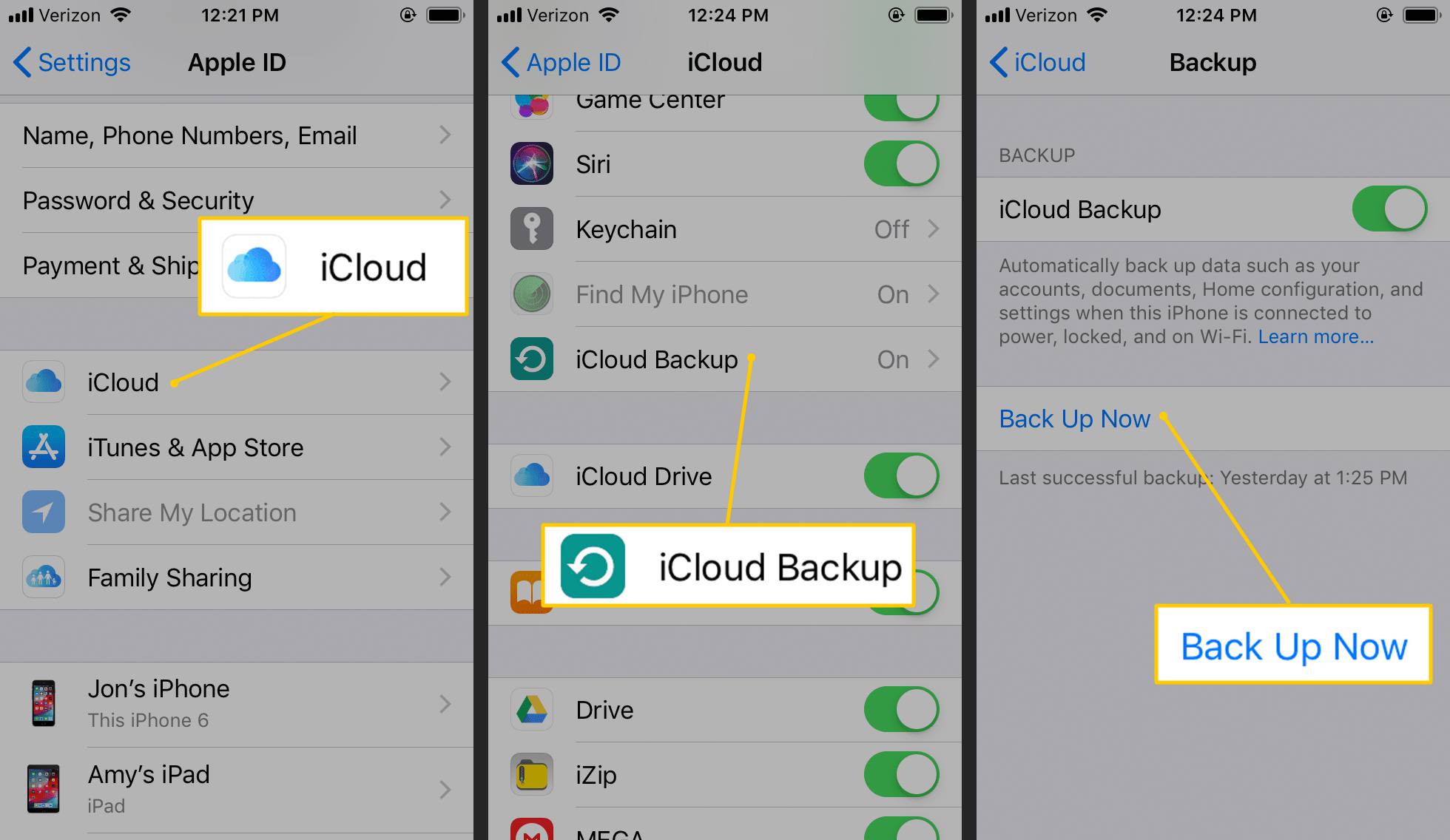 Tlačítka iCloud, iCloud Backup, Back Back Now v nastavení iOS