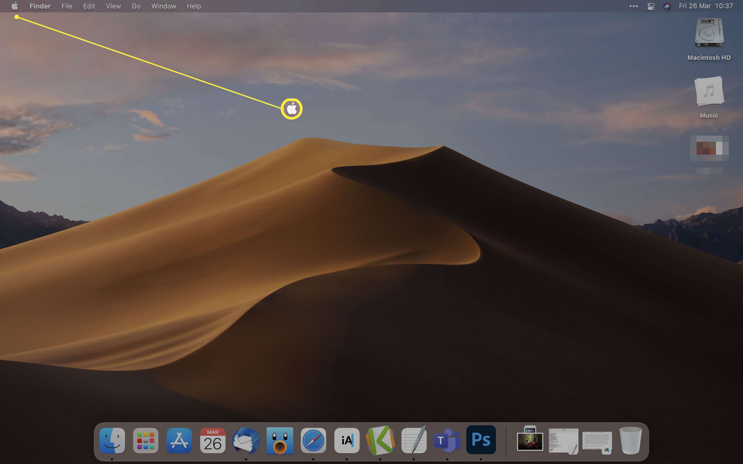 desktop macOS se zvýrazněnou ikonou Apple