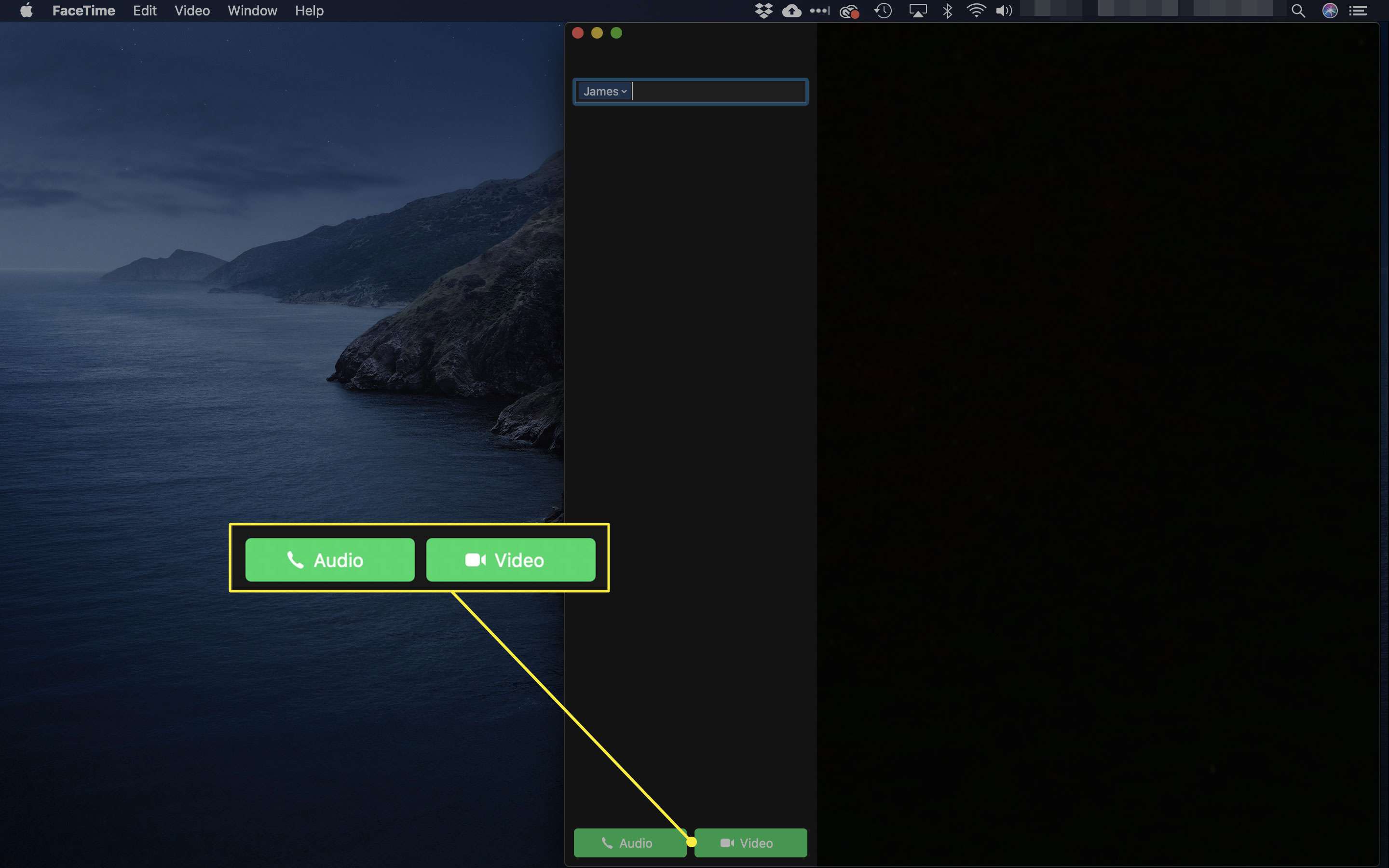Aplikace FaceTime pro macOS se zvýrazněnými tlačítky Audio a Video Call