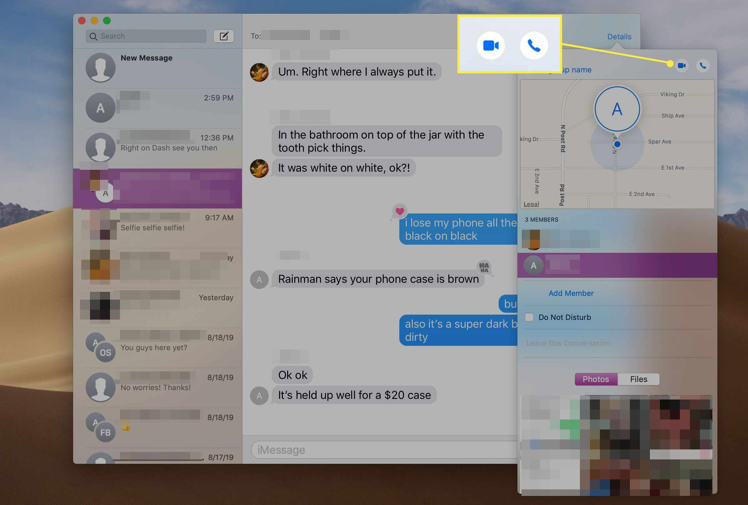 Aplikace Zprávy pro macOS se zvýrazněnými tlačítky volání na obrazovce Podrobnosti