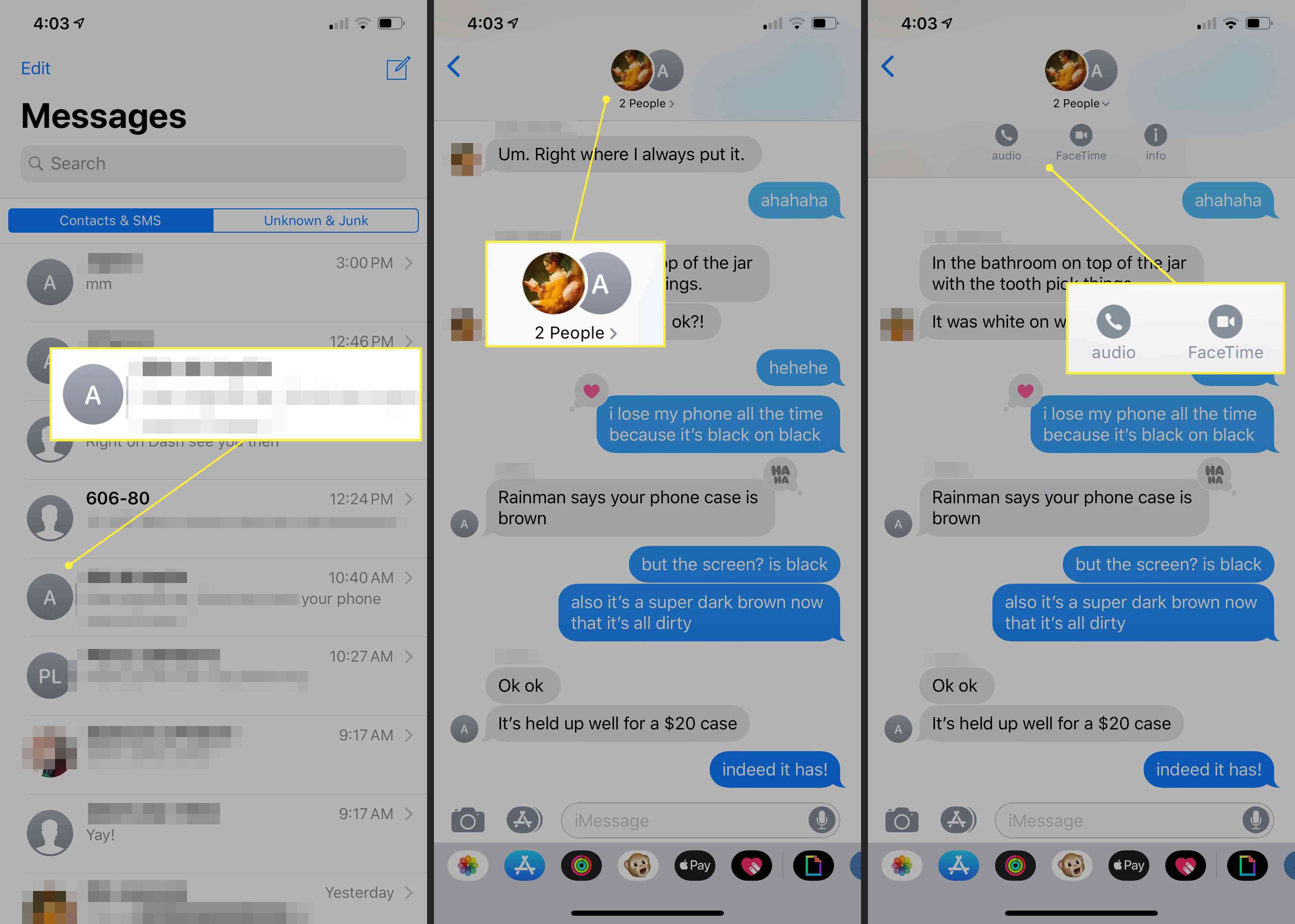 IPhone, který ukazuje, jak zahájit volání FaceTime prostřednictvím aplikace Zprávy