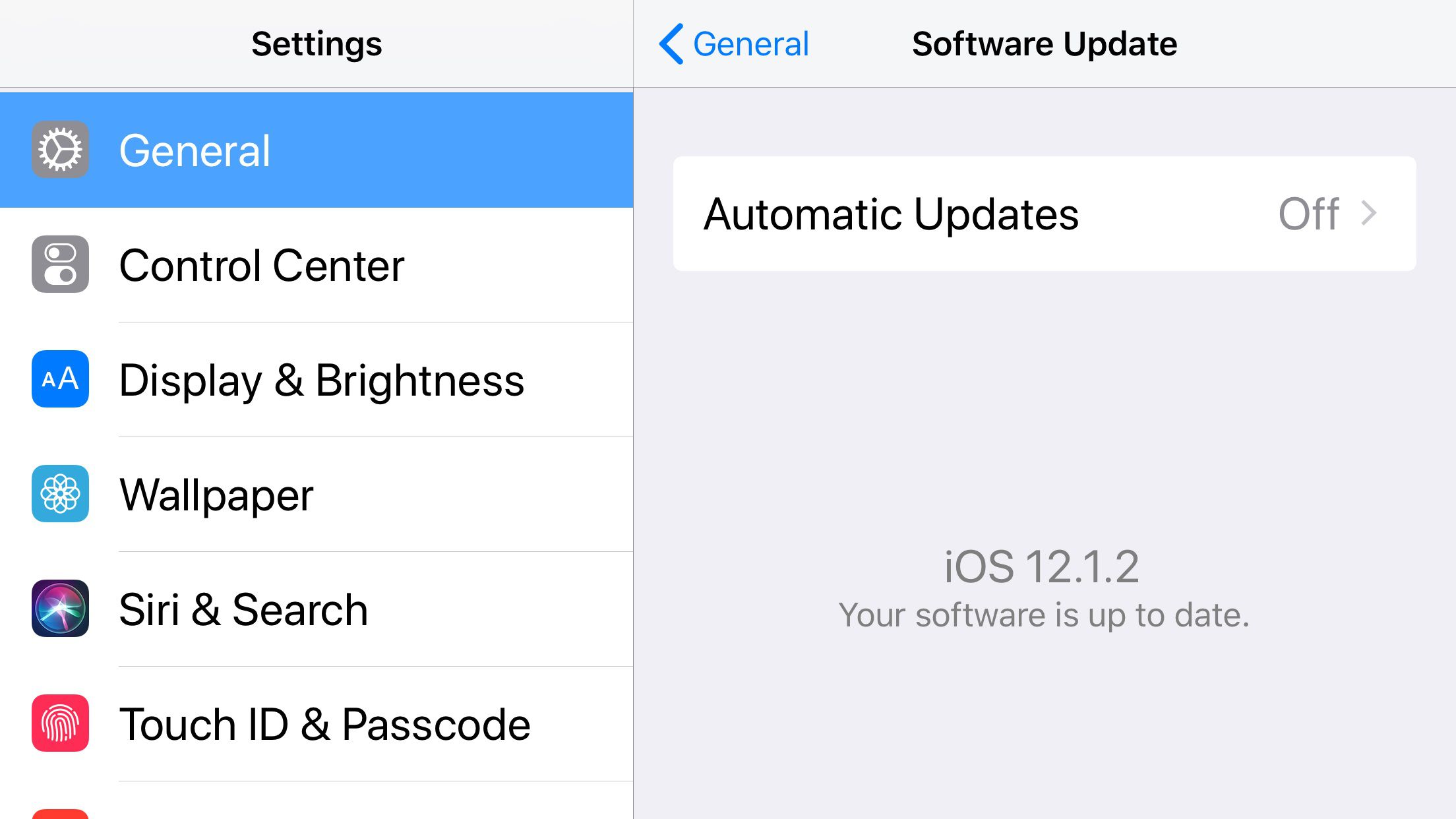 Snímek obrazovky s nastavením aktualizace iOS