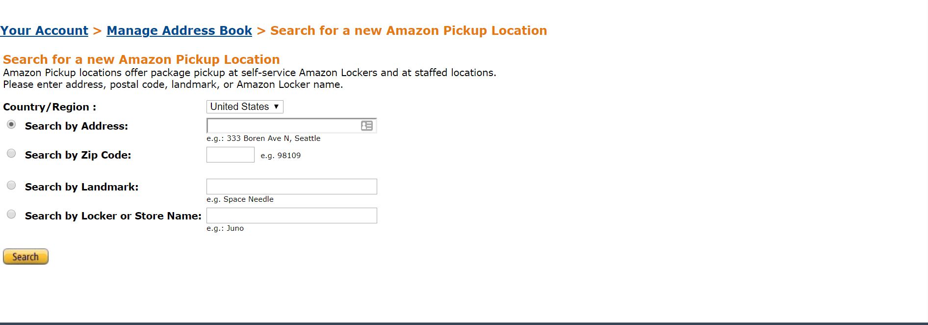 Stránka vyhledávání Amazon Locker.