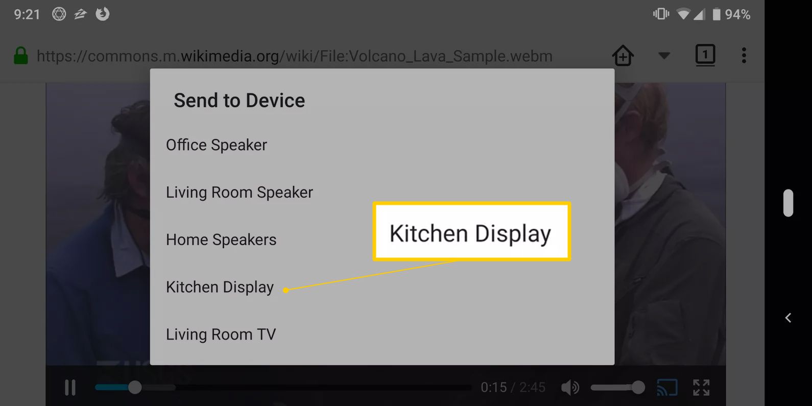 Možnost Zobrazení v kuchyni v Odeslat do zařízení ve Firefoxu pro Android