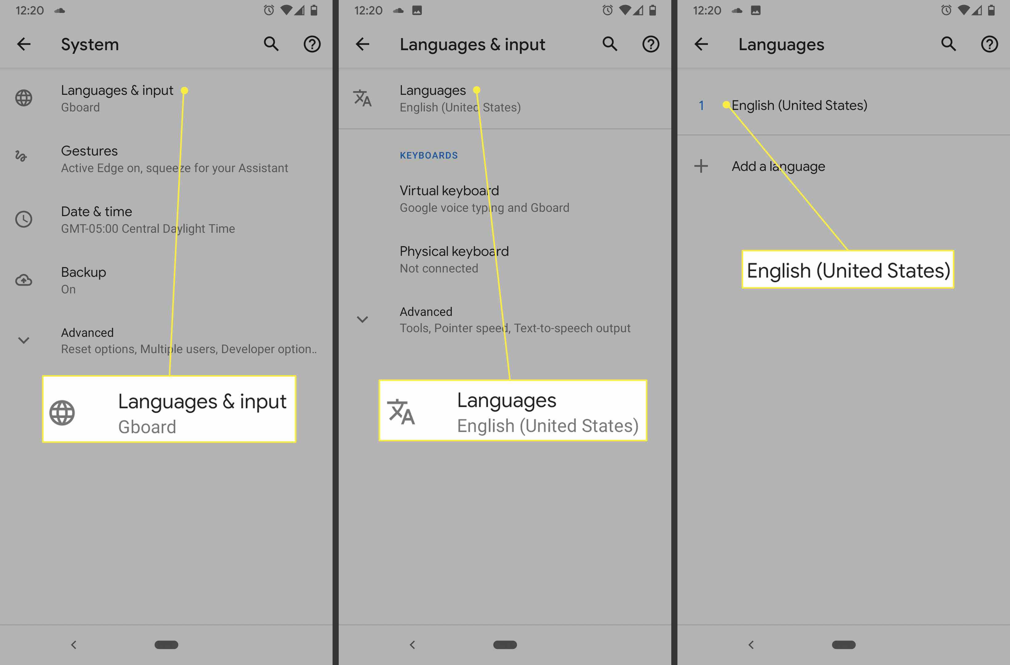 Obrazovky systému Android, jazyků a vstupu a jazyků.