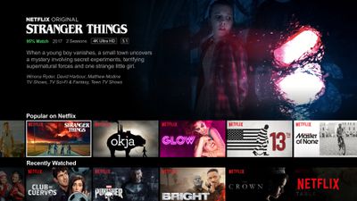 Domovská obrazovka Netflix s popisem seriálu Stranger Things