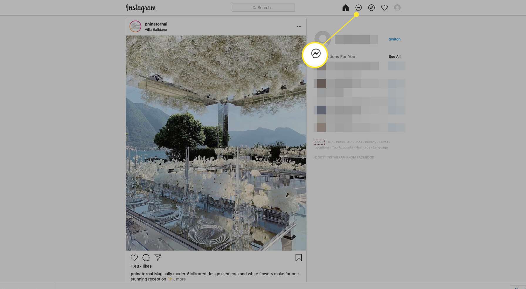 Instagram na ploše se zvýrazněnou ikonou Messenger